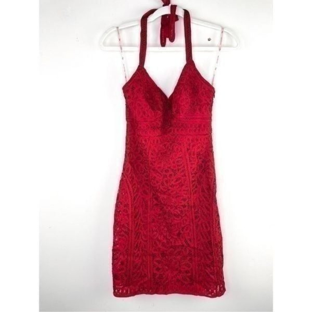 Sue Wong Intricate Red Lace Halter Dress Size 2